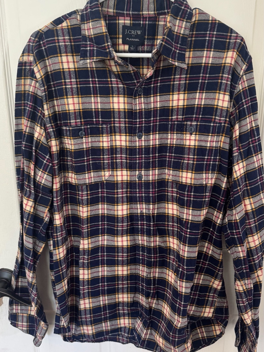 J. Crew Navy Plaid Flannel Shirt with Cream and Burgundy Accents